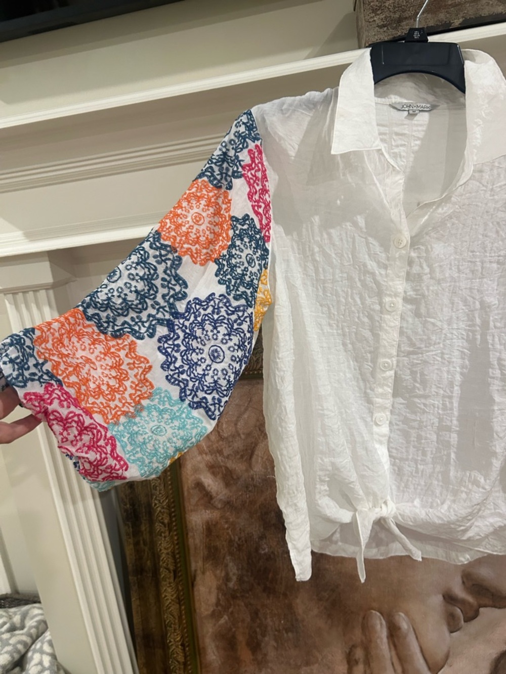 John Mark White Button-Front Blouse with Multicolor Floral Sleeves - Picture 4 of 5